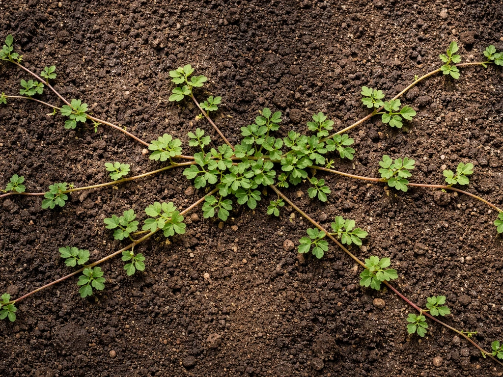 Overhead close-up of low-growing plants with runners extending outward nearly parallel to the soil.