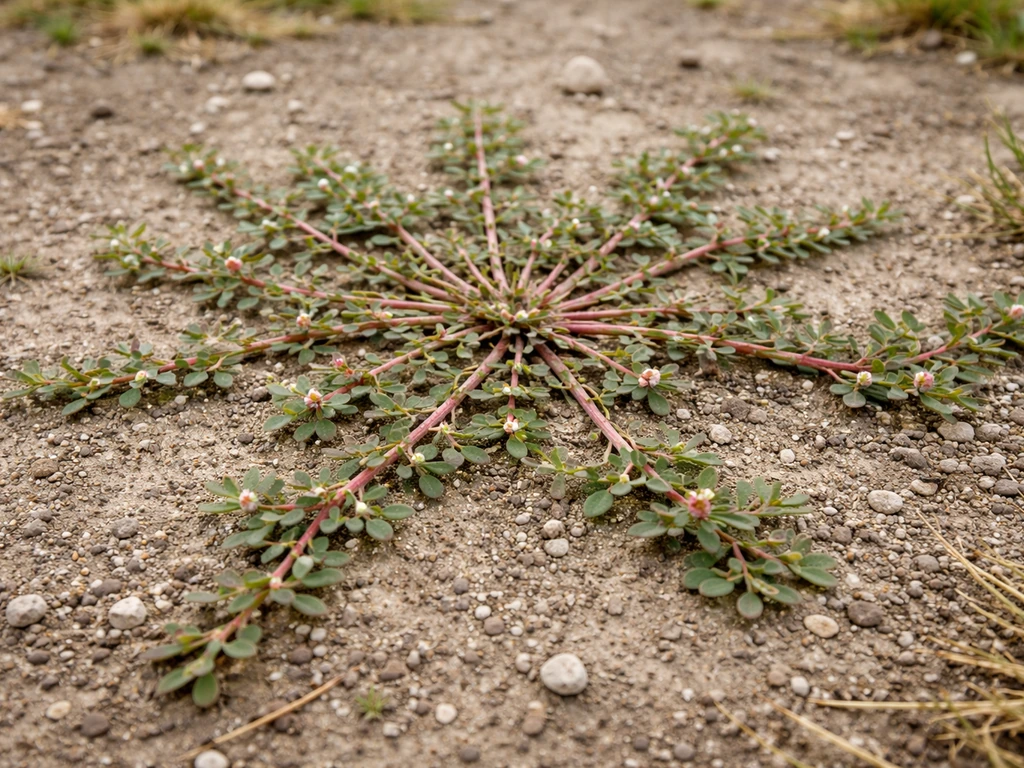 Low-growing prostrate plant with stems spreading outward close to the ground over soil.