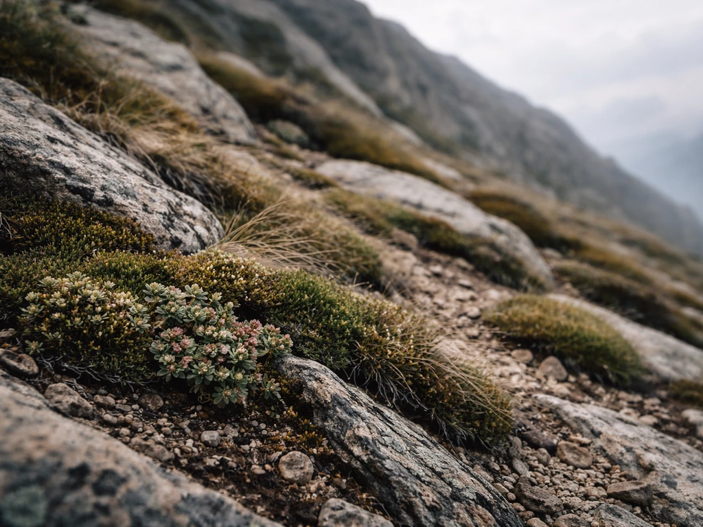 Windswept alpine slope with low, ground-hugging vegetation along rocky ground.