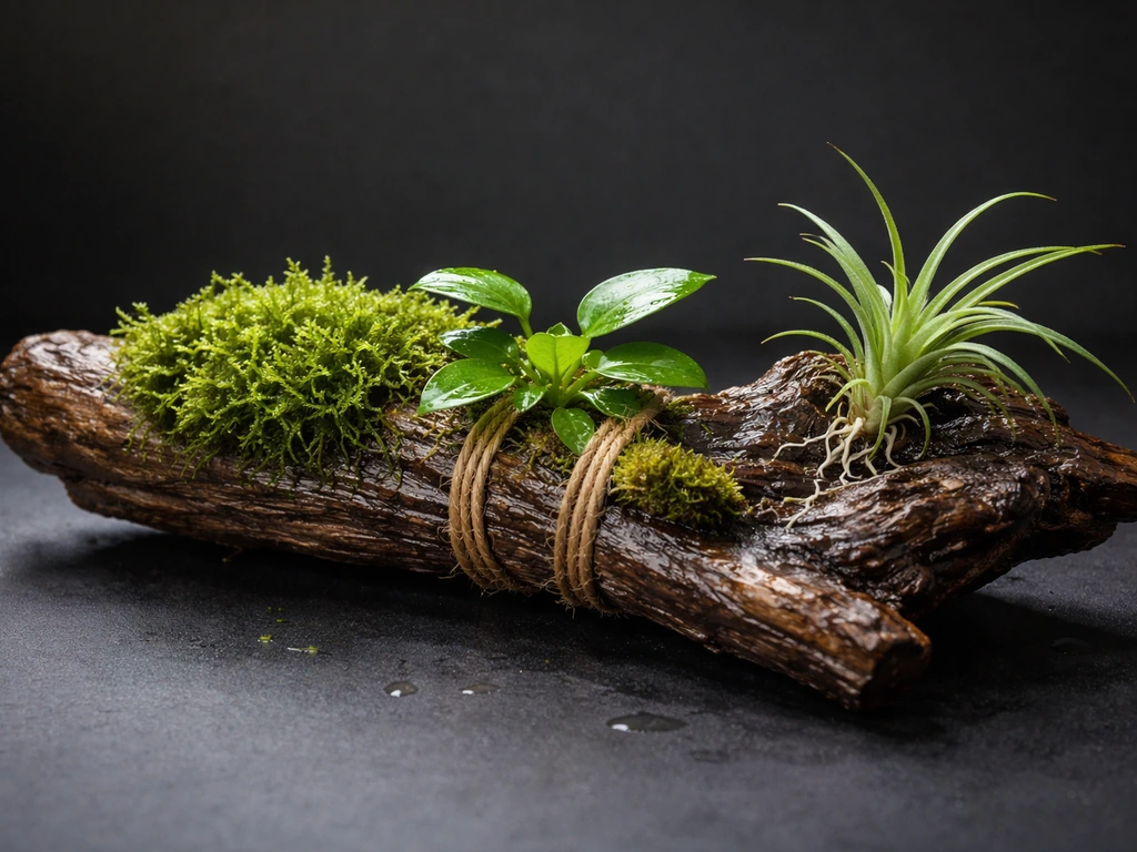 Aquarium terrarium driftwood with moss and mounted rhizome and epiphyte plants in clear natural light.