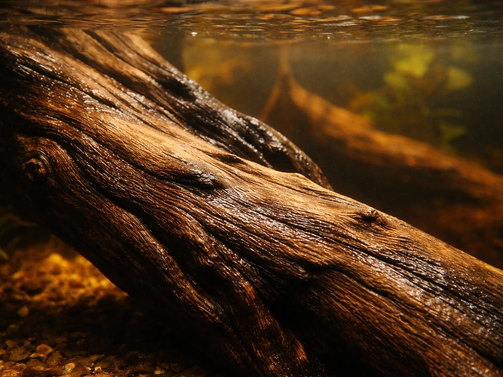 Submerged driftwood in a freshwater aquarium, showing wood texture and amber-brown tannin tint in the water.