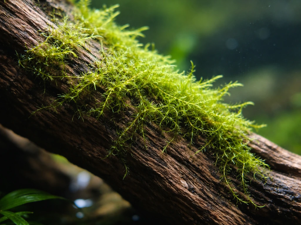 Java moss clinging to rough driftwood, showing rhizoids gripping the textured surface.