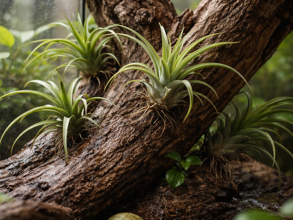 Tillandsia air plants clinging to driftwood in a soil-free terrarium display.