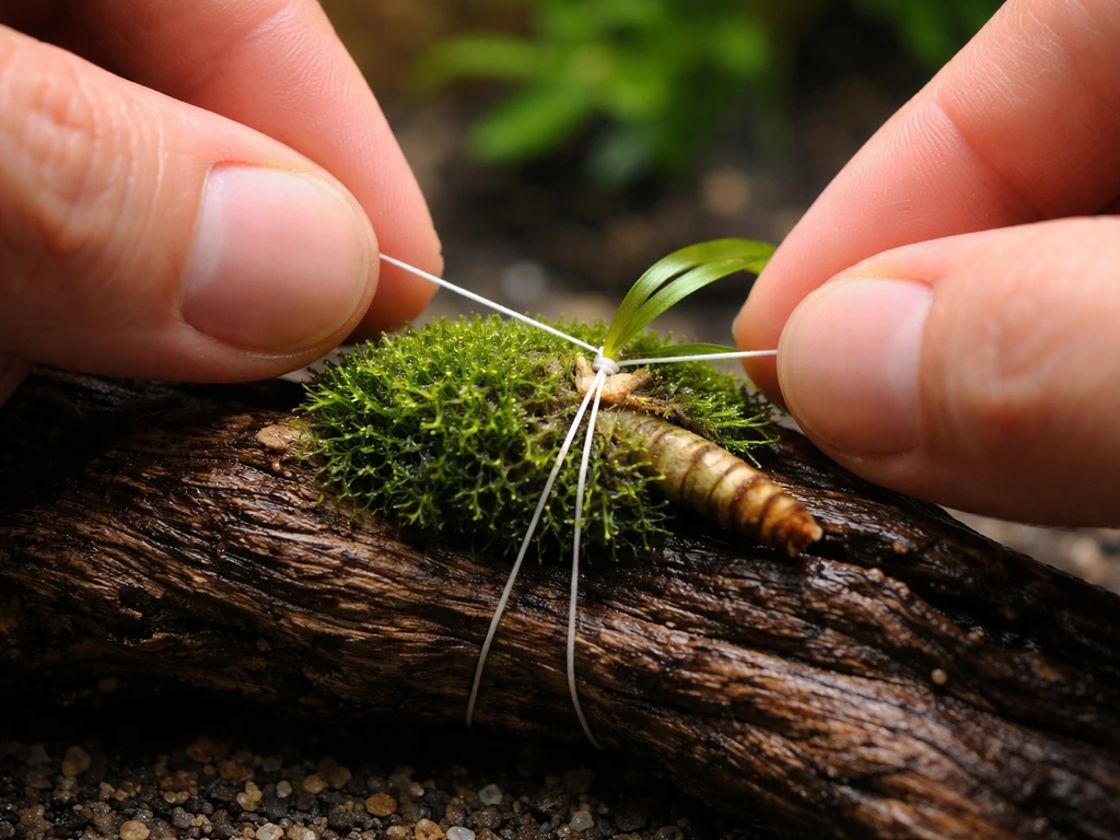 Close-up of thin cotton thread wrapped and knotted around moss on driftwood, tying method step