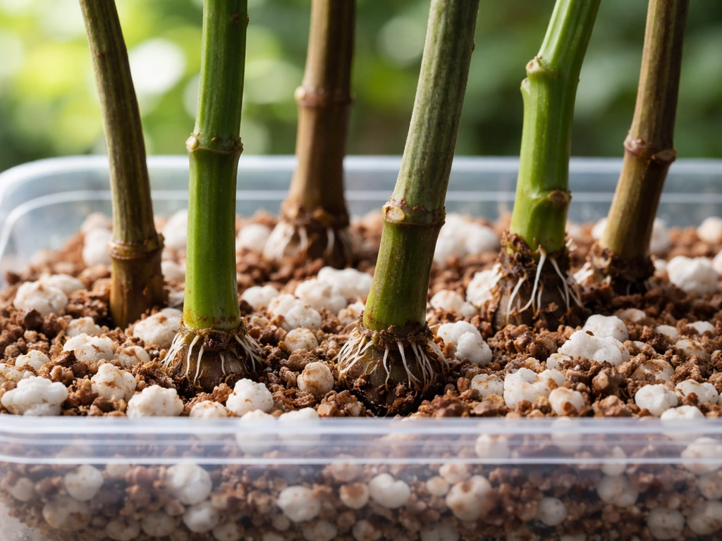 Close-up of stem cuttings with visible nodes rooting in perlite and coco coir medium.