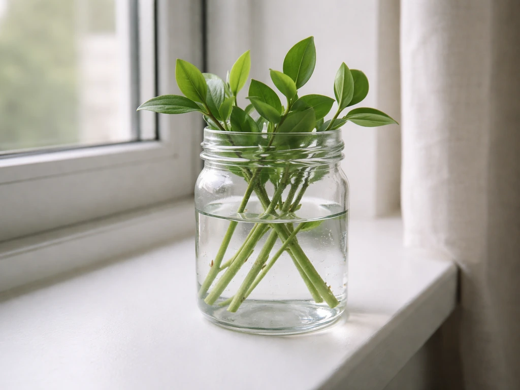 Clear container with plant cuttings on a windowsill in soft bright indirect light.