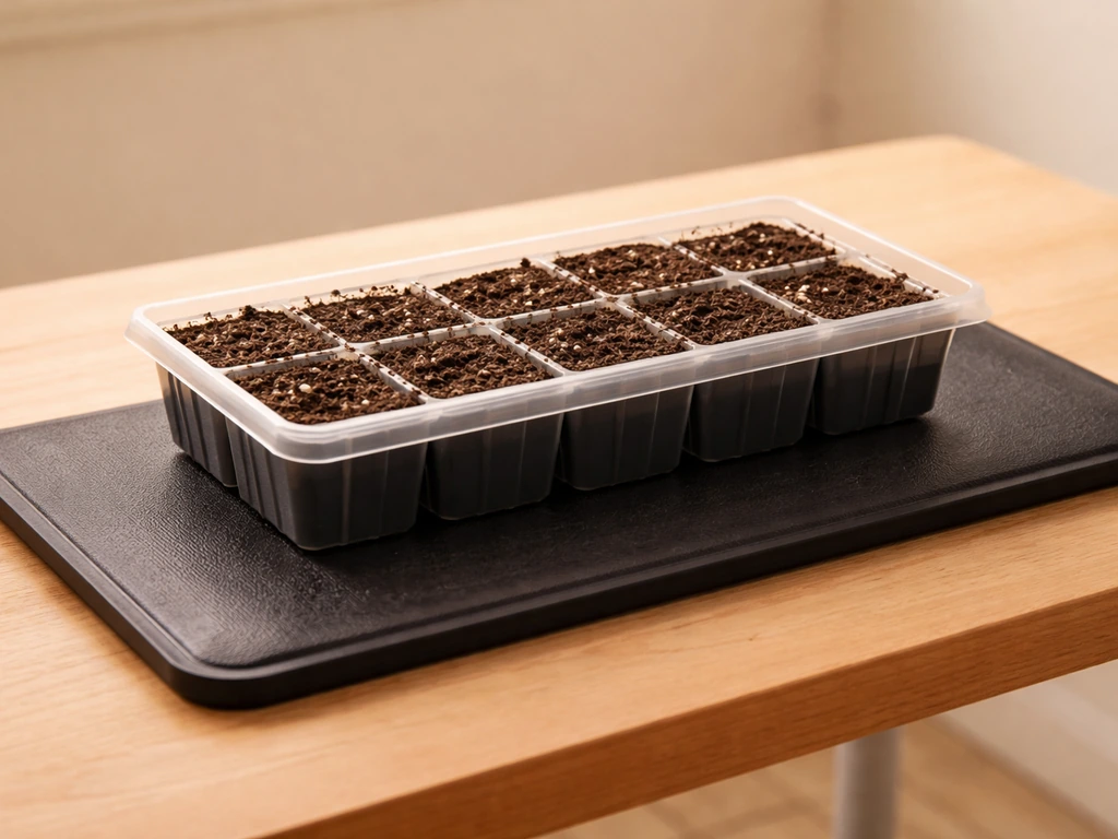 Propagation heat mat with a tray and moist rooting medium for warming cuttings.