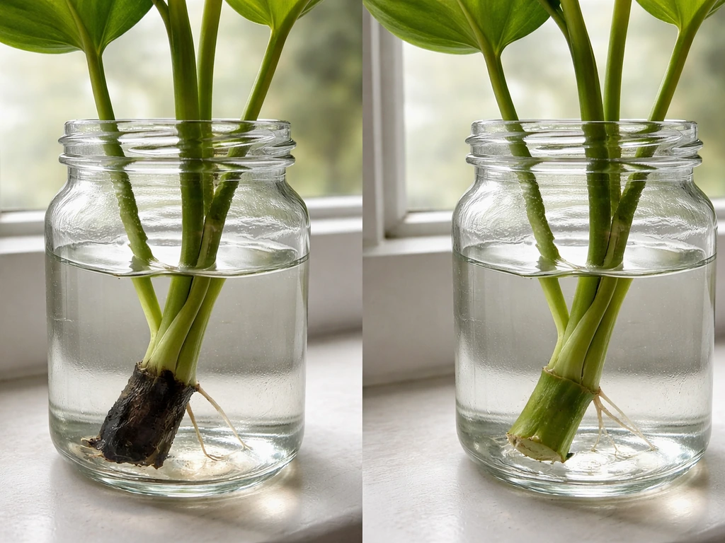 Close-up of two plant cuttings: left base is black and mushy, right base is clean after trimming.
