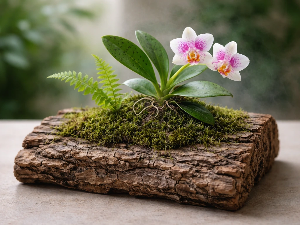 Bark slab mounted with sheet moss holding an orchid and fern fronds, lush and green, humid natural light.