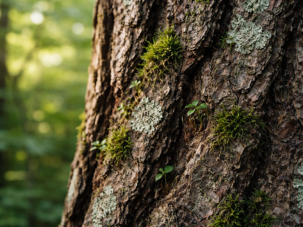 Close view of tree bark with small moss and lichen colonizing in dappled forest light.