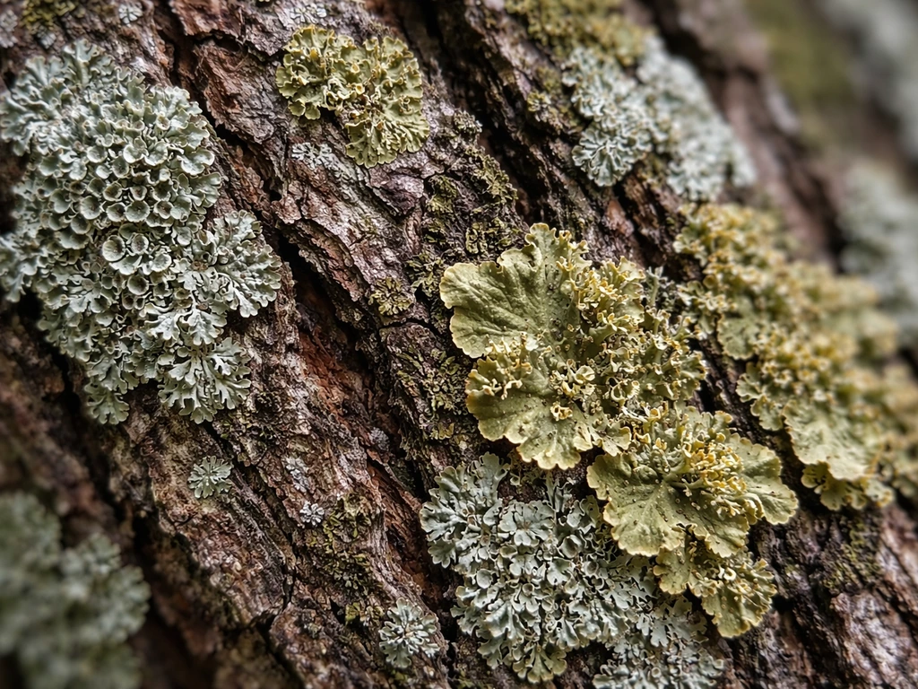 Macro close-up of crusty and leafy lichens on rough tree bark in natural colors.