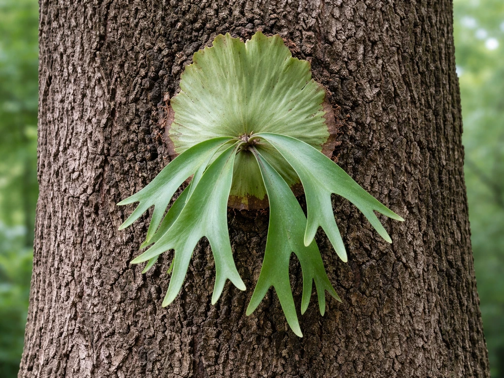 Staghorn fern mounted on textured bark, basal shield with outward hanging fronds
