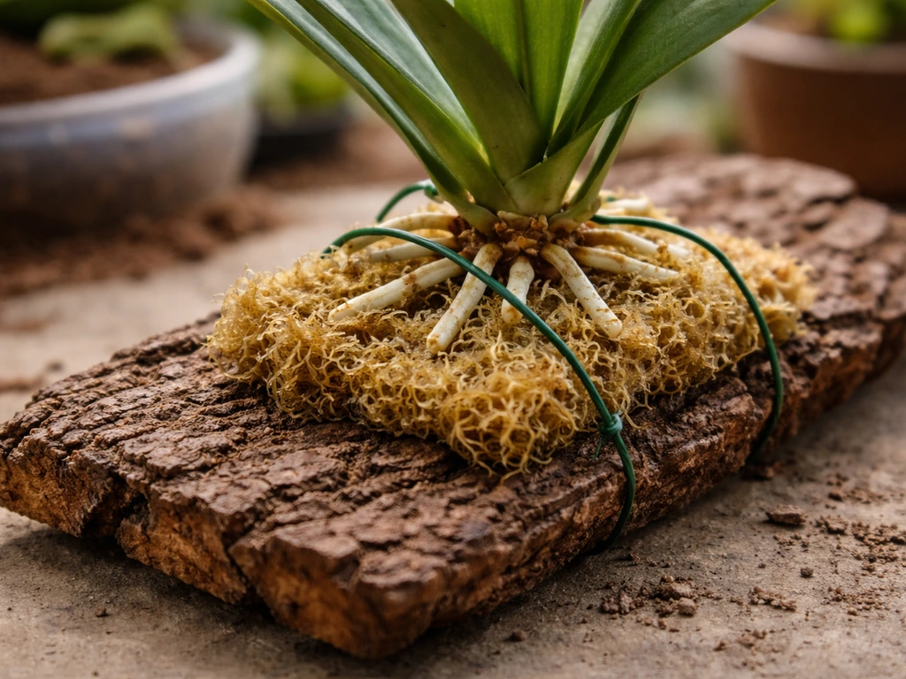 Close-up of plant roots resting on a damp sphagnum moss pad attached to a bark slab with ties.