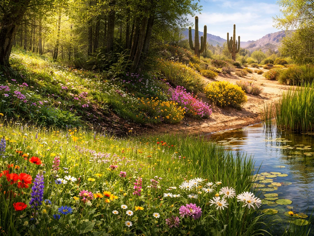 Vivid panorama of flowering plants across meadow, forest shade, desert bloom, and wetlands