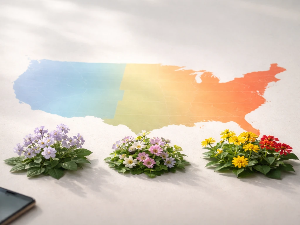 Minimal map-like scene with three climate zone swatches and flowering plants indicating cool, mild, and hot regions.