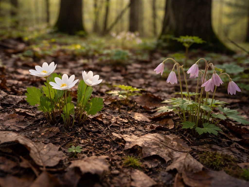 Spring wildflowers blooming on a leaf-litter forest floor under dappled sunlight