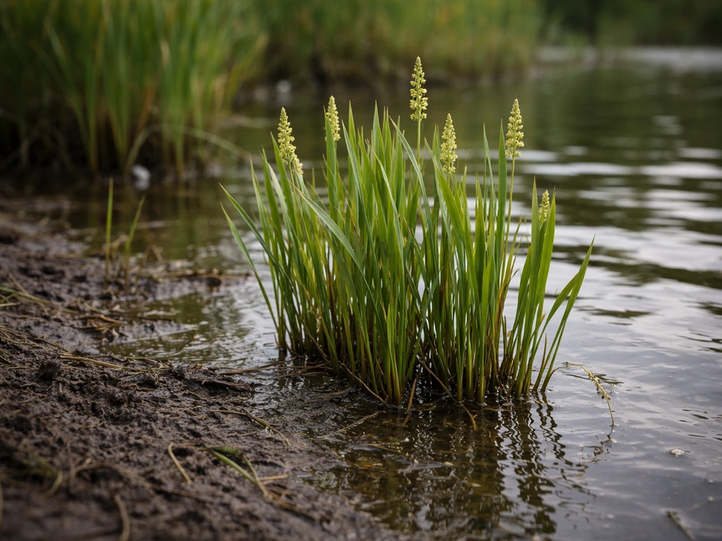 Shallow marsh water around tall cattail/pickerelweed reeds growing in saturated mud at the wetland edge