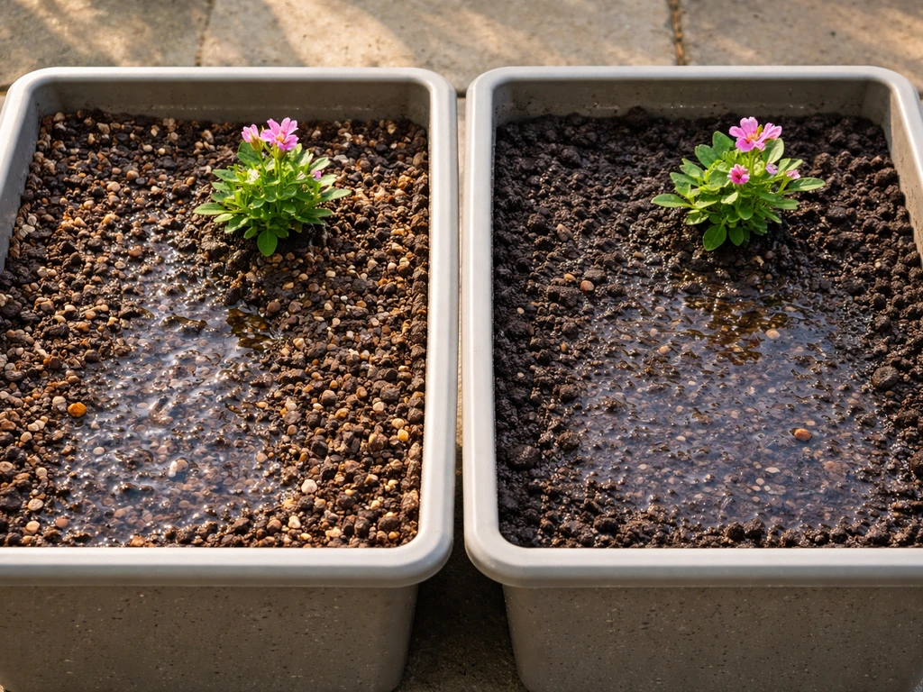 Two side-by-side pots with flowering plants in gritty vs clay soil, showing different water absorption in sunlight.