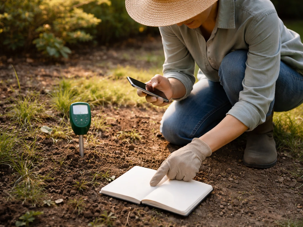 Gardener kneeling in a backyard, using a phone and tools to assess soil and sunlight for planting.