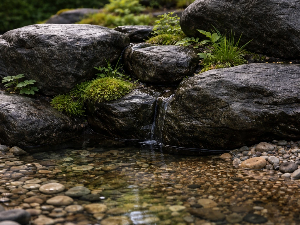 Rock crevices with small hardy green plants beside a shallow wet waterline and clear pond water.