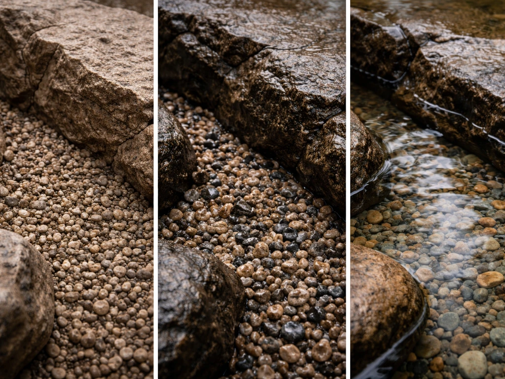 Triptych showing three rock-and-water setups: dry crevice gravel, wet saturated edge, and fully aquatic rocky aquascape.
