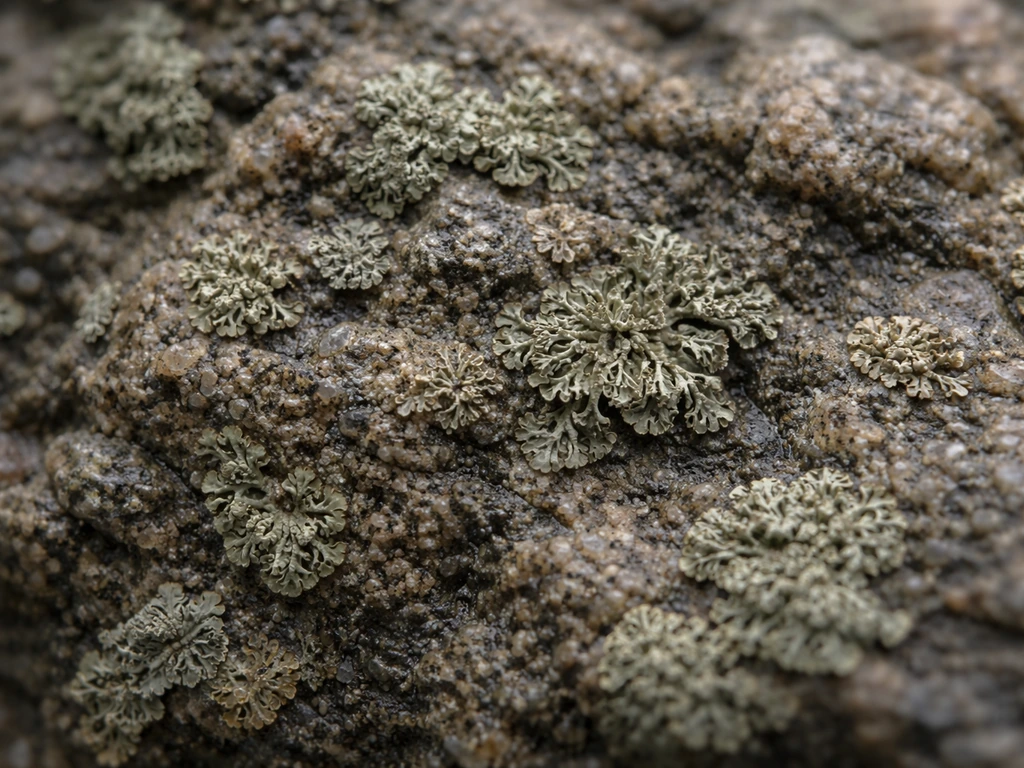 Close-up of small lichens anchored to textured rock surface, showing soil-free holdfast growth