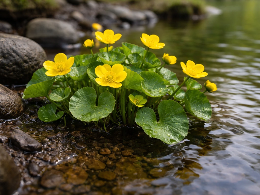 Marsh marigold flowers growing at the edge of a stream beside wet stones and saturated mud