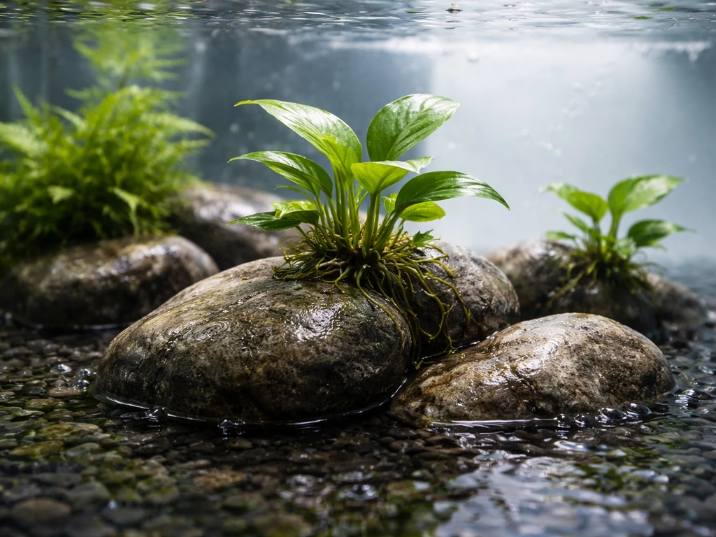 Clear water aquarium-like hydroponic rocks with aquatic plants anchored to wet stones and gentle ripples.