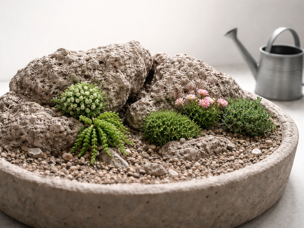Minimal photo of small alpine plants in a rocky crevice with a watering can nearby