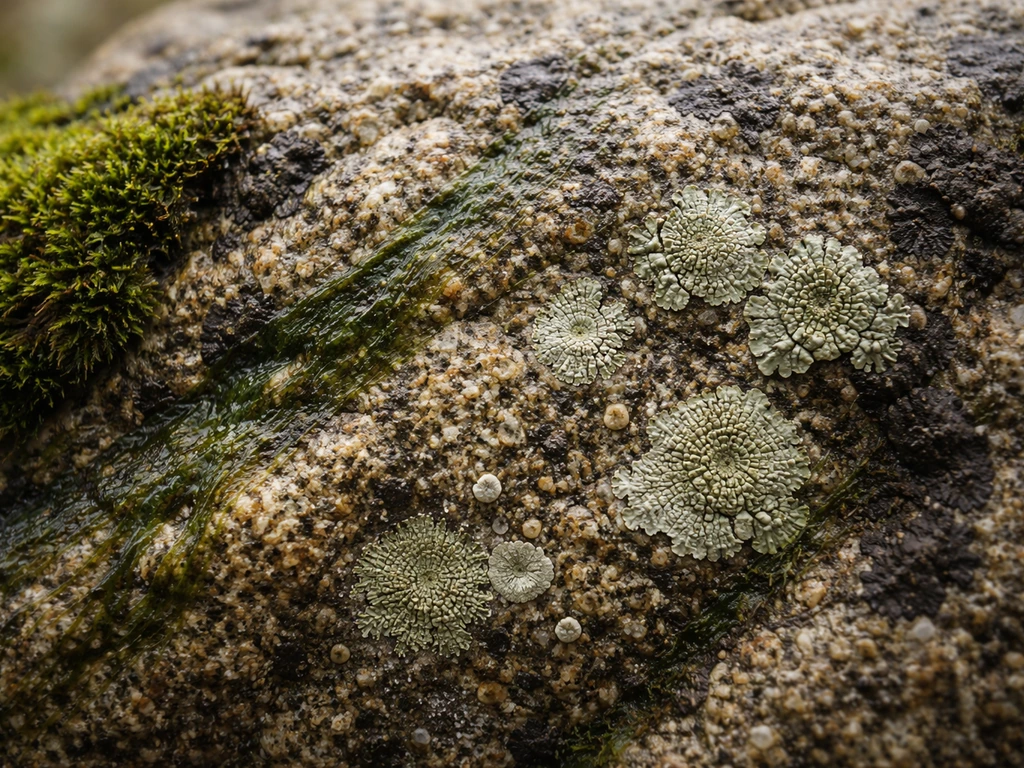Close-up panorama of rock surfaces covered with algae sheen, moss, lichens, and small fungal dark patches.