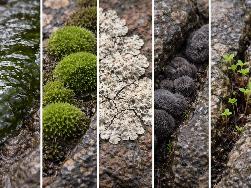 Close-up of five rock-growth types with distinct textures and colors on wet stone