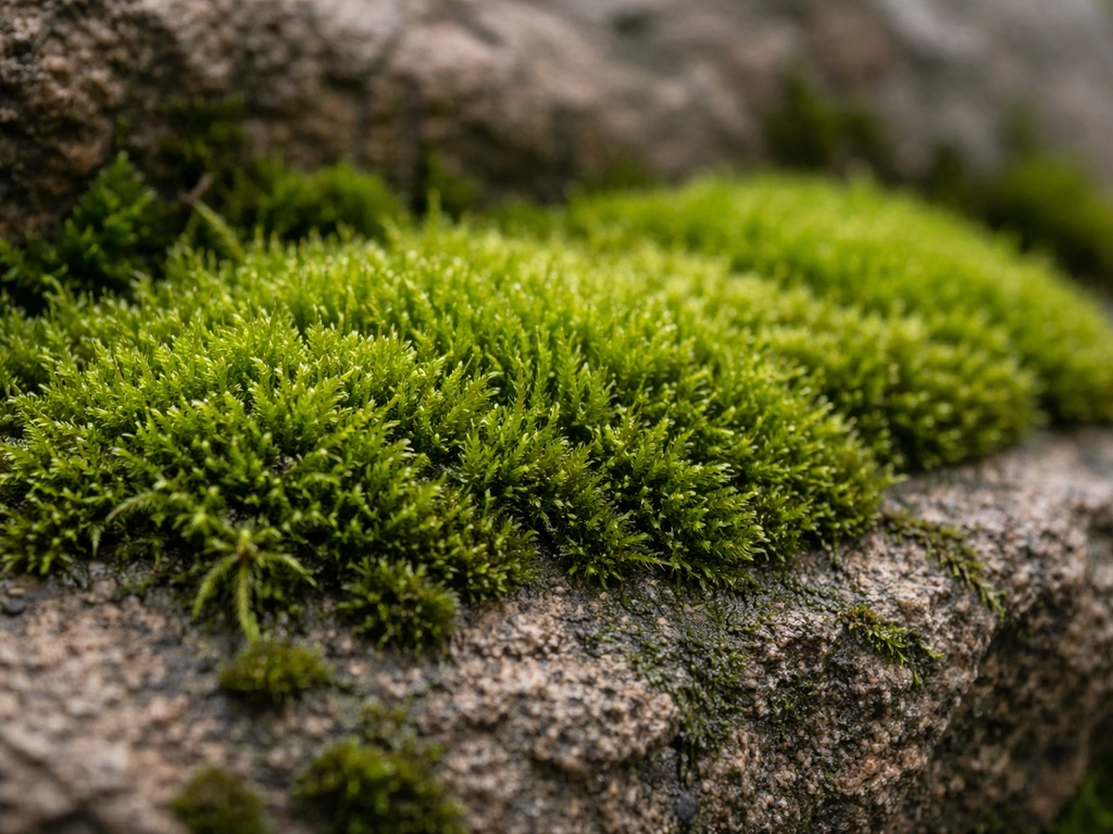 Bright green moss cushion with tiny leafy stems on rough rock surface