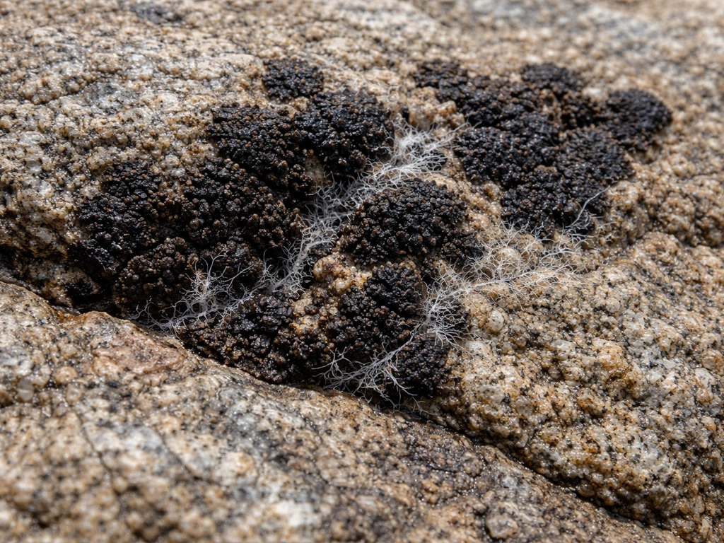 Close-up of weathered rock covered in dark brown and black fungal stains in crevices.