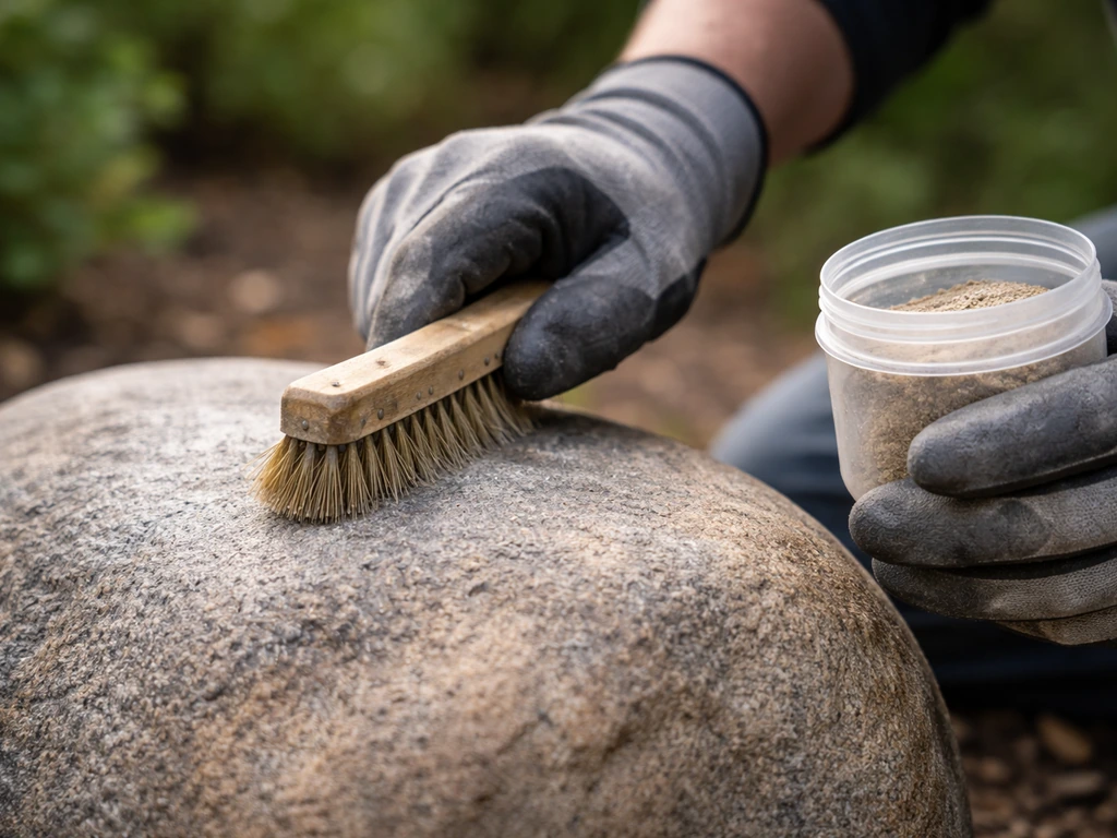 Gloved hands roughen a smooth rock with a wire brush, preparing it for natural growth transfer.
