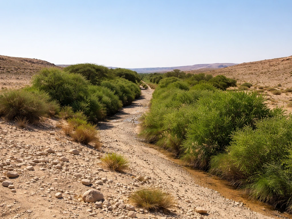 A desert wadi with a greener strip of vegetation contrasting surrounding dry, rocky sand.