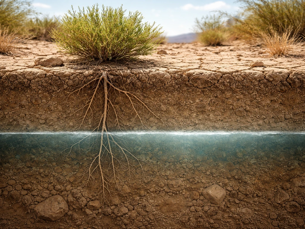 Cross-section landscape showing dry surface and deep roots reaching a groundwater water table.