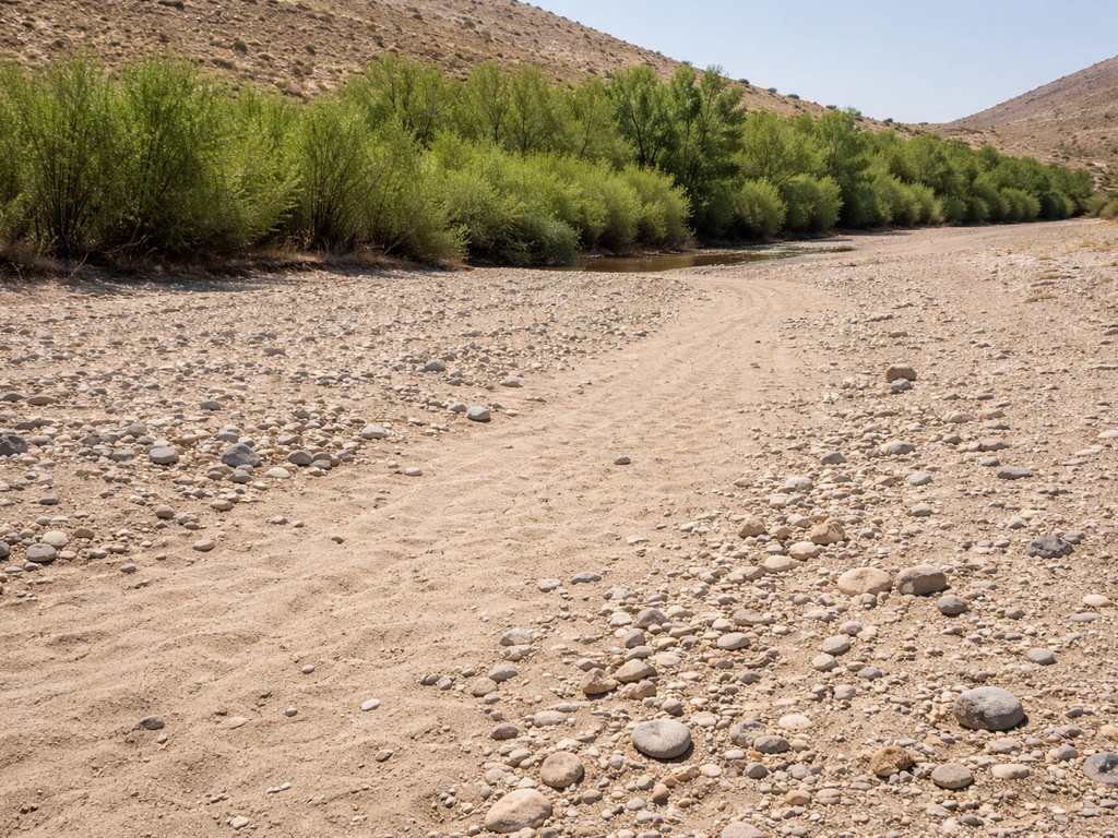 Dry arid wash with sandy alluvial soil and a narrow band of green vegetation along a moist groundwater edge.