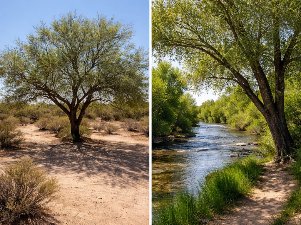 Desert mesquite beside a riparian cottonwood/willow near water in a split natural landscape.