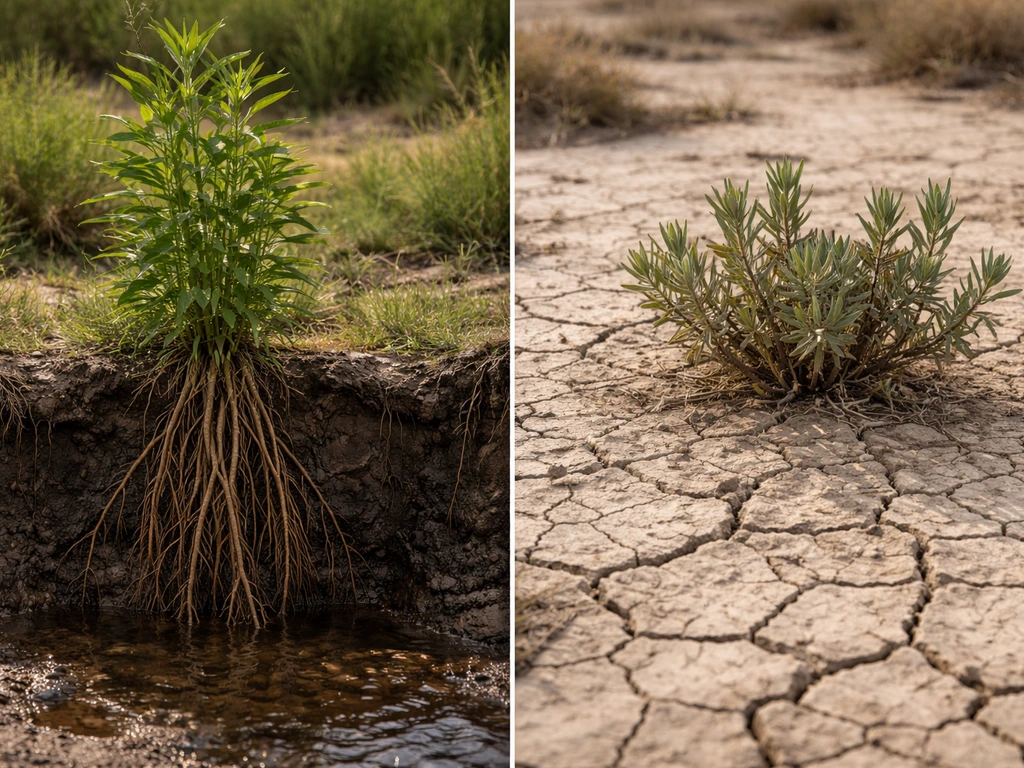 Split dry landscape showing deep-rooted phreatophyte soil on one side and drought-tough xerophyte on the other.