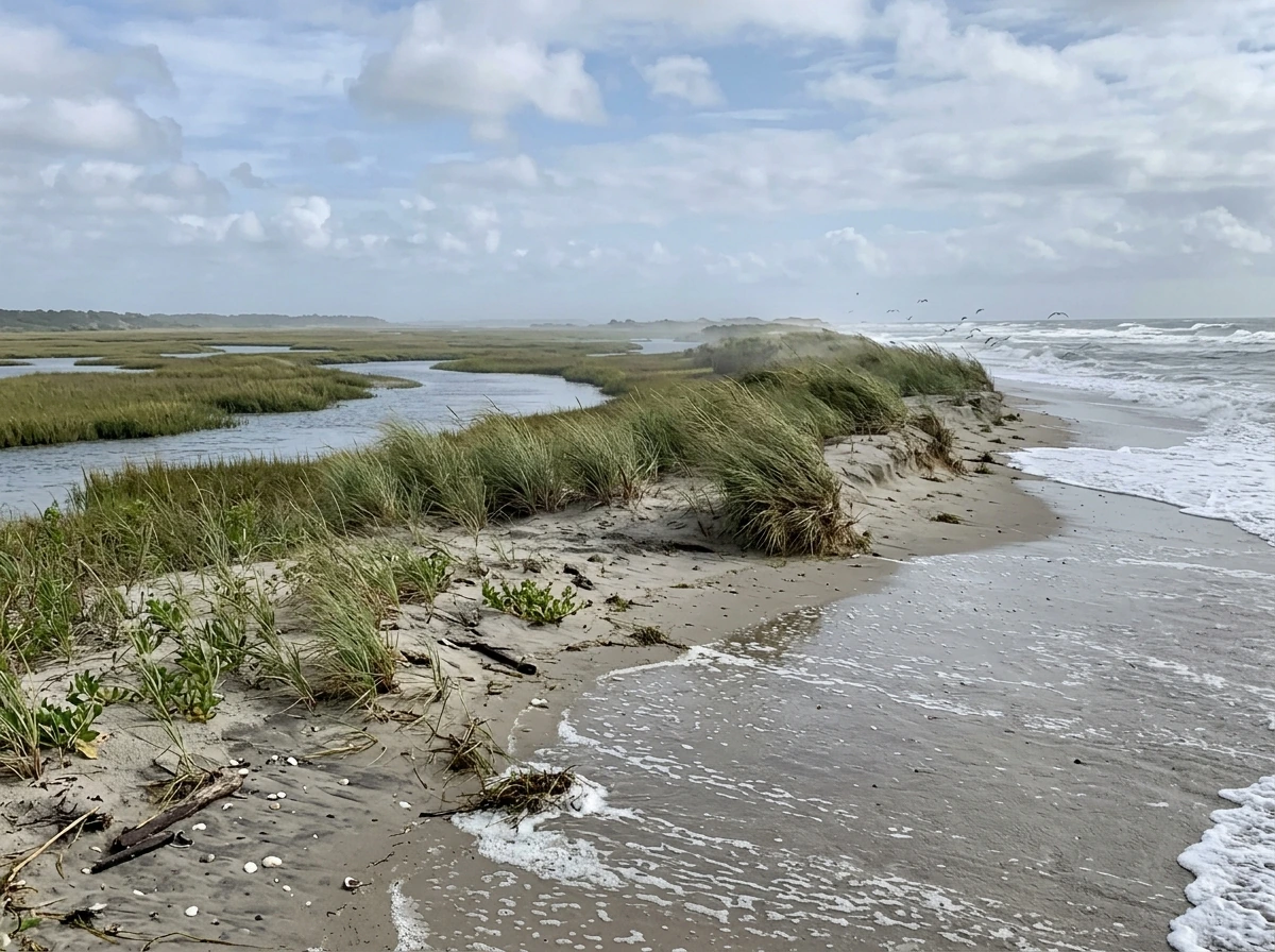 Coastal shoreline showing salt-tolerant plants across beach, dunes, and salt marsh habitats.
