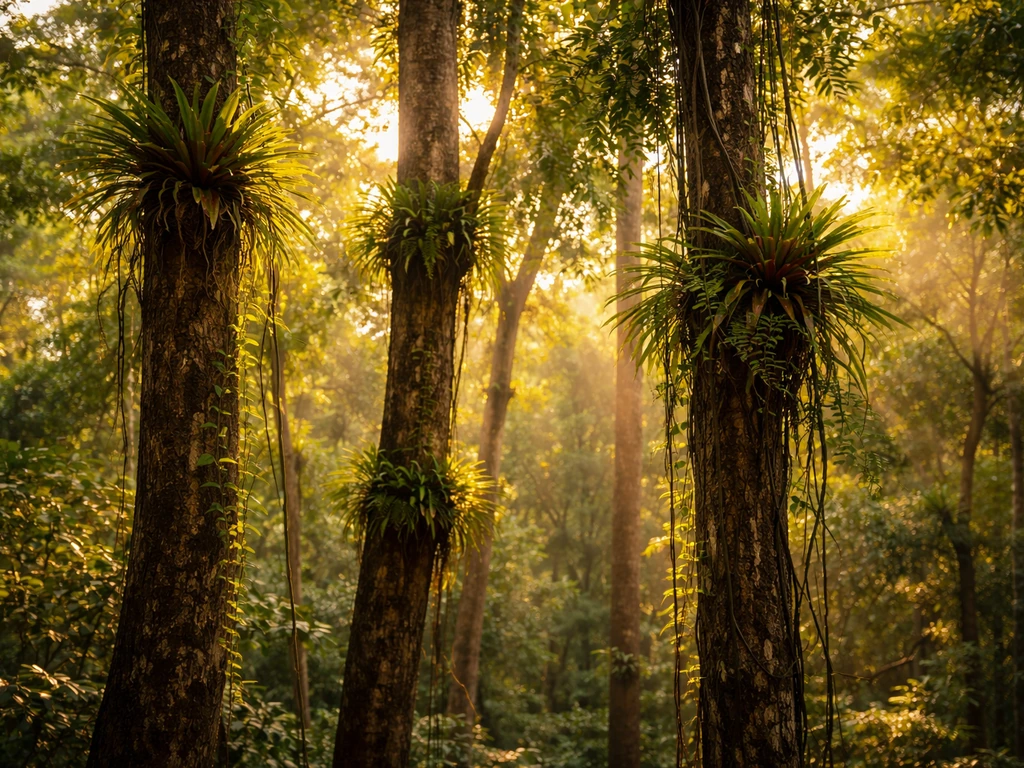 Sunlit forest canopy with epiphytes and vines clinging high on tall tree trunks to reach light.
