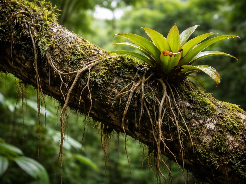 Close-up of epiphytes on tree bark with aerial roots and a bromeliad rosette in canopy light