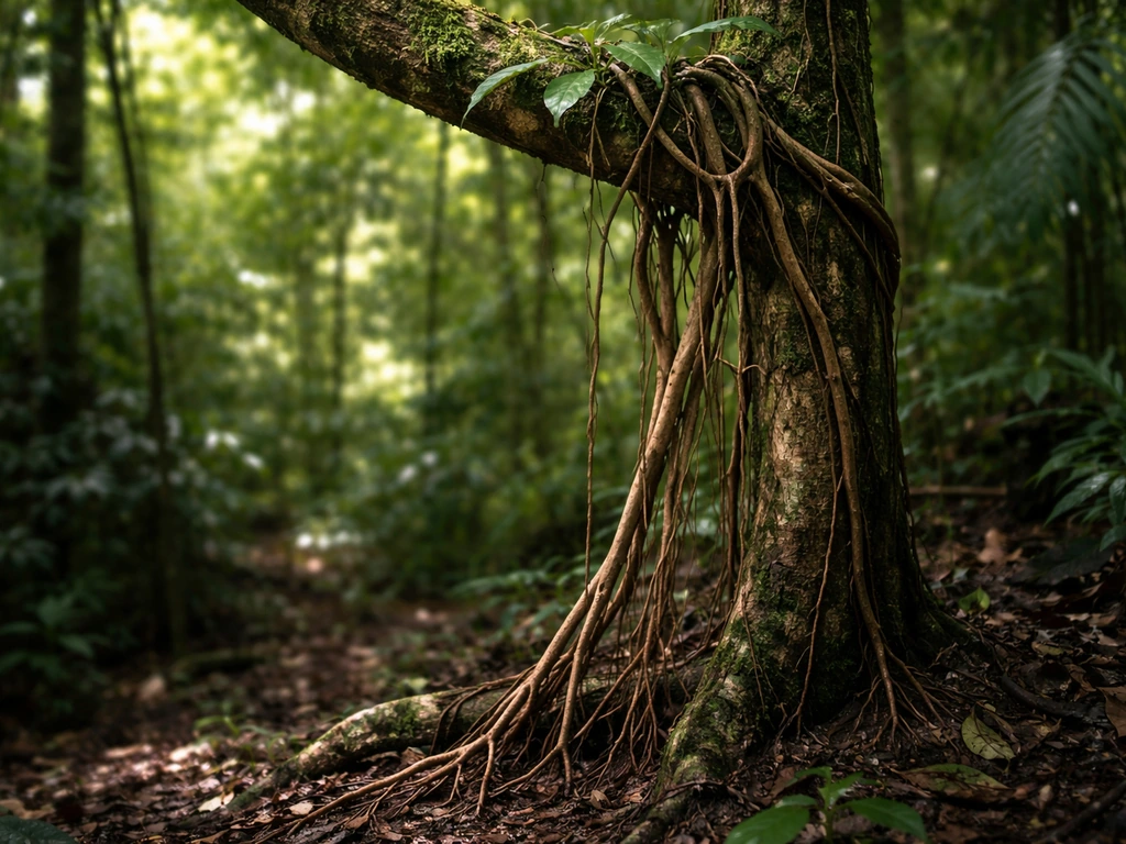 Hemiepiphyte roots descending from a host canopy branch to moist forest soil under dim light.