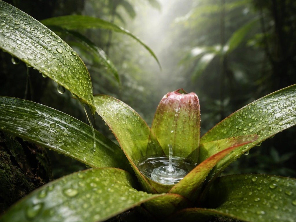 Close-up of dew and mist beading on an epiphyte leaf with a small bromeliad water tank.
