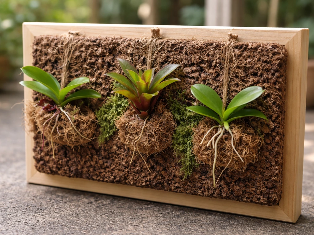 Tree fern slab with epiphytes mounted using coir and twine, roots nestled in porous fibers.