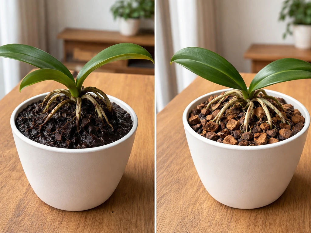 Two indoor plant setups: one epiphyte roots in wet, stagnant soil (rot risk) beside a dry, fast-draining pot.