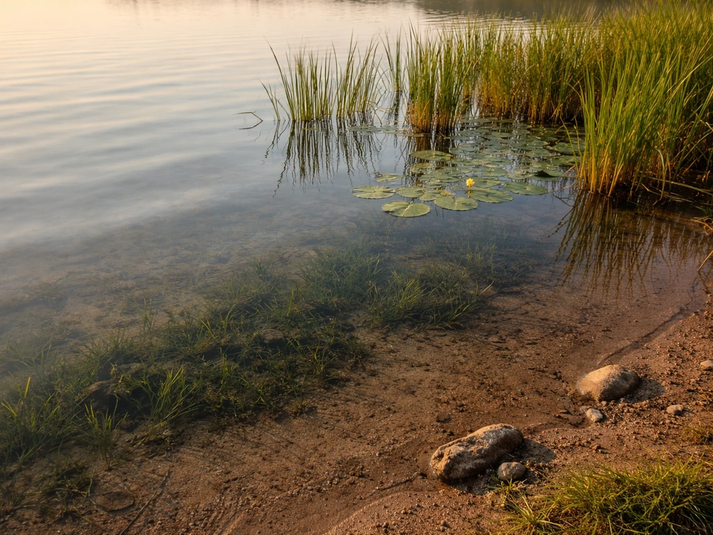 Sunlit lakeshore with emergent reeds, floating leaves, and submerged plants near the water’s edge.