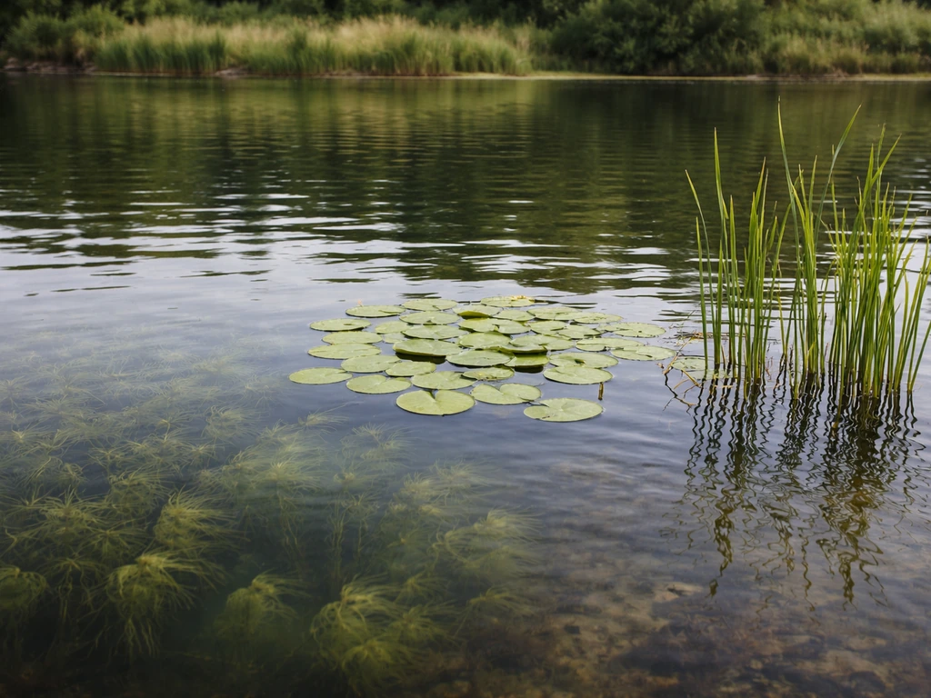 Single pond scene showing submerged, floating-leaved, and emergent aquatic plants in one view.