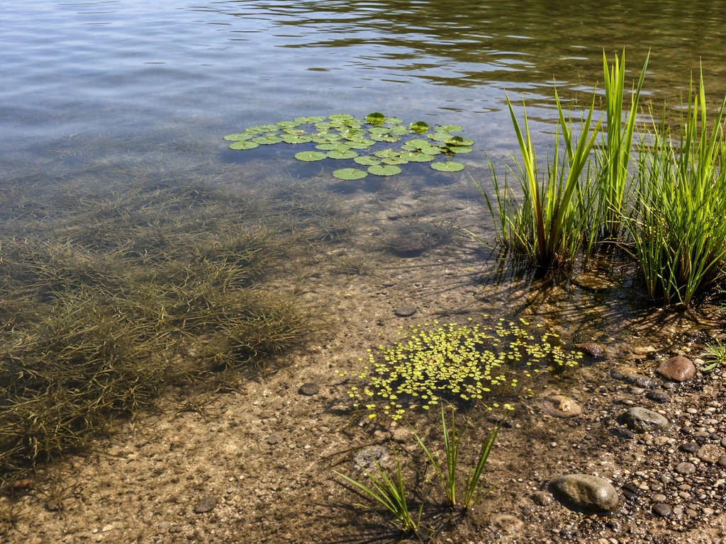 Clear pond water showing submerged, floating-leaved, floating, and emergent plants at the shoreline