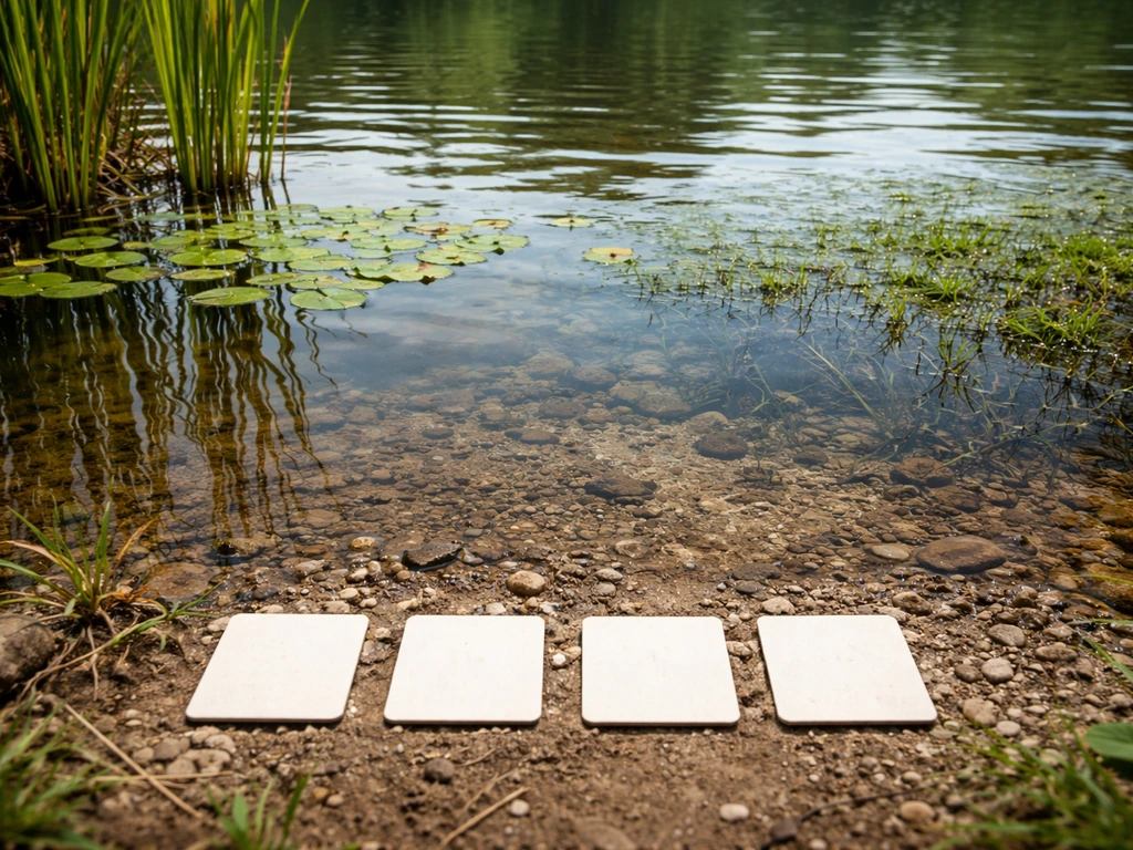 Pond waterline with emergent, surface, and underwater plants, plus blank cue cards on the bank